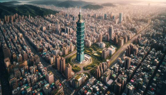 An aerial view of Taipei city showcasing the iconic Taipei 101 skyscraper and surrounding urban landscape