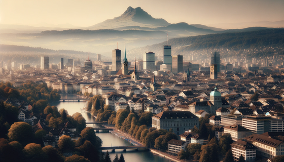 A panoramic view of Zurich, Switzerland, showcasing the city skyline with the Uetliberg mountain