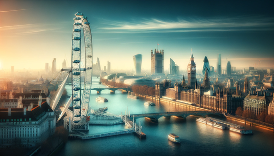 An iconic view of the London skyline featuring famous landmarks like the London Eye, Big Ben, and the River Thames